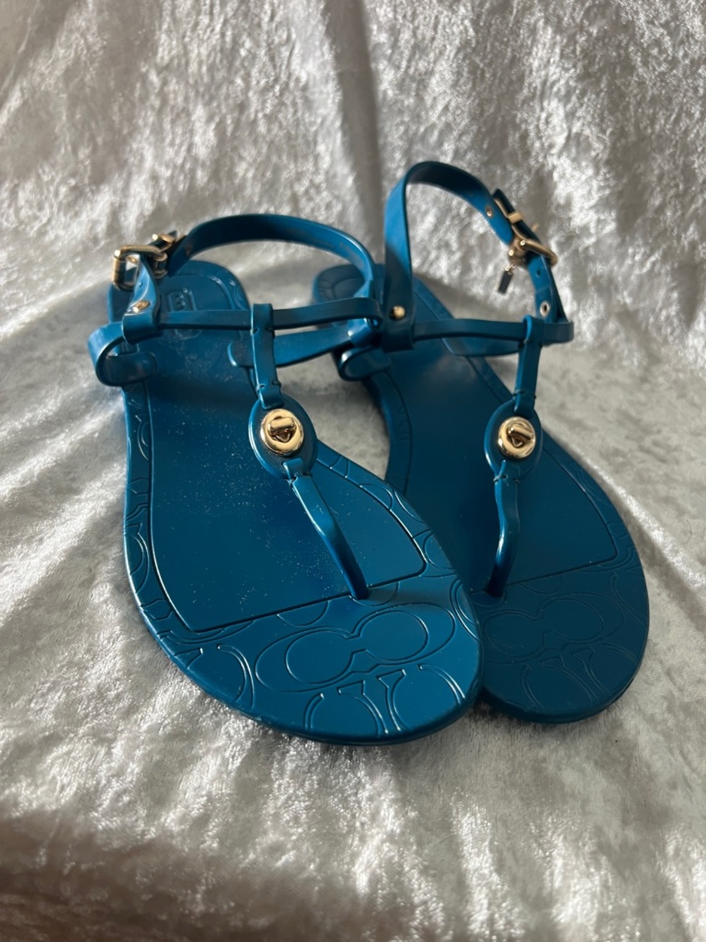Coach Teal Jelly T-Strap Sandals with Gold Accents